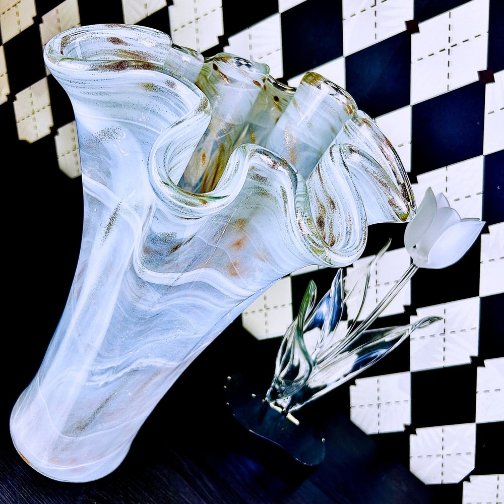 White Opaline Art Glass Vase 15" Ruffled Aventurine Statement - Picture 6 of 17
